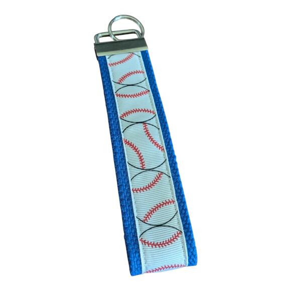 Baseball Keychain Wristlet Handmade Fabric Key FOB Accessory Blue Gift Bag Charm - Picture 1 of 5